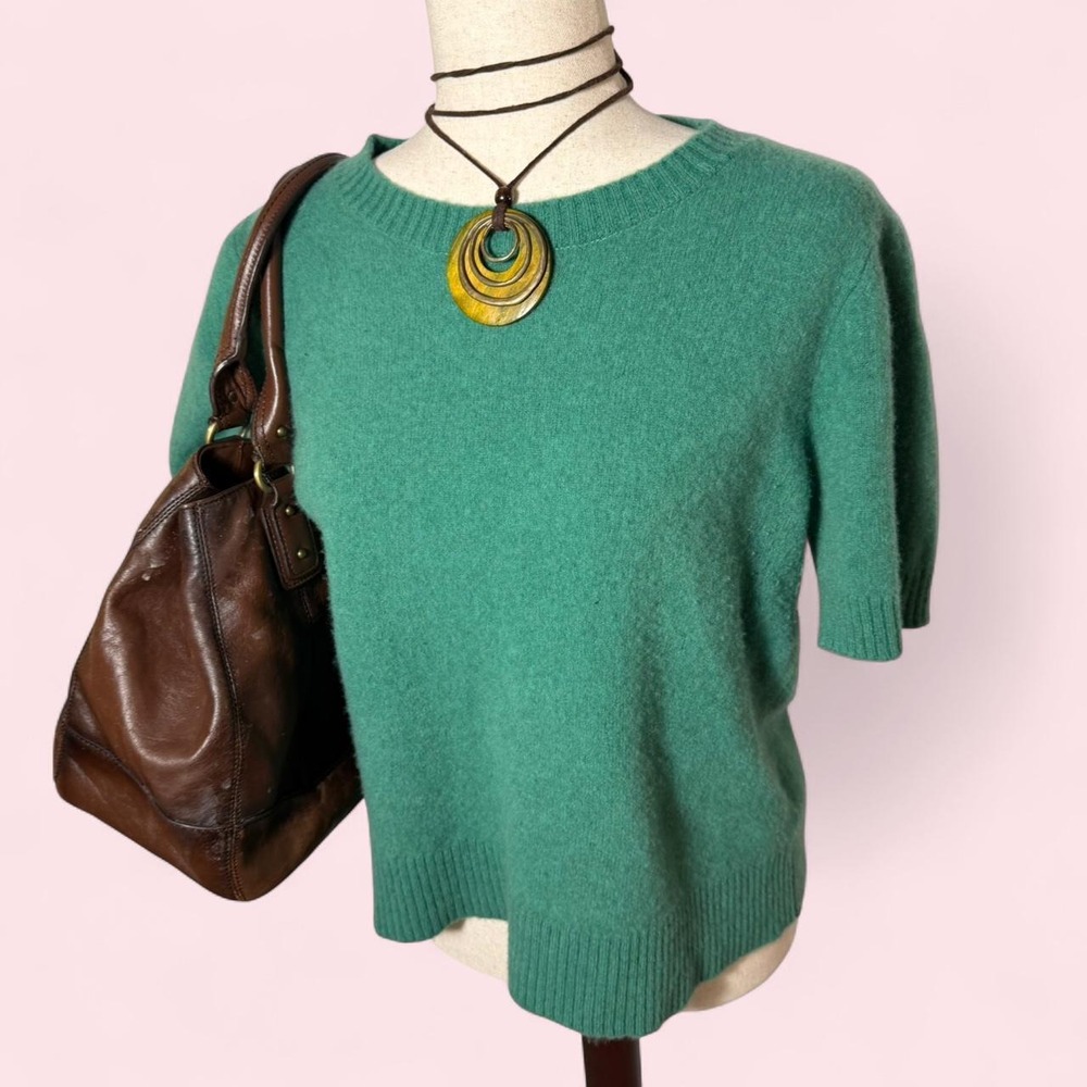 Masai Green 100% Wool Short Sleeve Sweater Crew Neck Denmark Cottagecore Medium